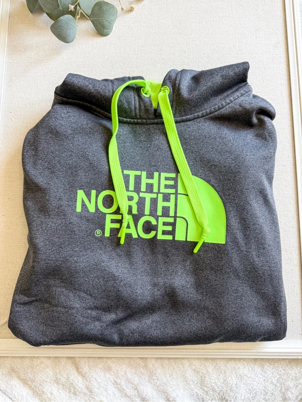 The North Face Hoodie Gray Neon Green Logo Pullover Sweatshirt Size L